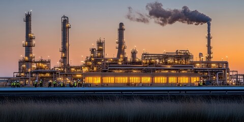 Fototapeta premium A futuristic oil refinery at sunset, surrounded by massive steel pipelines and towering chimneys emitting controlled steam, while maintenance teams in fire-resistant suits inspect critical gauges. 