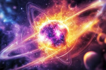 Obraz premium Fiery cosmic body, vibrant rings, swirling nebula.