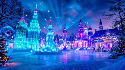 Obraz premium Enchanted winter village at night, illuminated with vibrant blue and purple lights. Festive atmosphere with snow-covered ground and glowing buildings.
