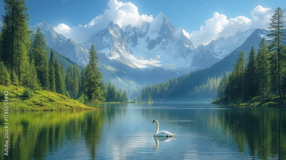 Aufkleber serene lake scene with a swan and majestic mountains in the background.