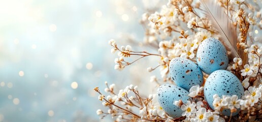 Easter-themed wallpaper with blue eggs and white flowers