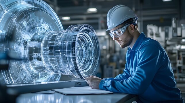An engineer analyzes a 3D model of a turbine in a modern manufacturing facility, showcasing technology and innovation.
