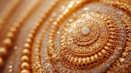 Golden Jewelry Detail:  A close-up, macro shot of a traditional Indian necklace, showcasing intricate craftsmanship and sparkling gemstones.
