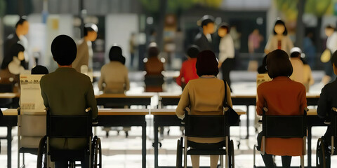 People in Wheelchairs Seated at Outdoor Tables