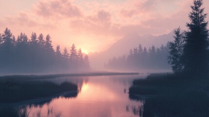 Serene landscape at sunrise with misty river and silhouetted trees.