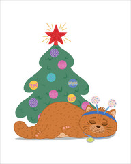 A domestic cat sleeps under a Christmas tree. A cute tired cat is sleeping. Drawing for winter holiday printing, Christmas and New Year cards, stickers, designs with a funny cute cat. Vector 