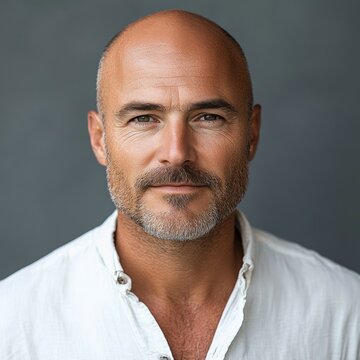 European, 43 years old, bald with a small beard and mustache, wearing a white shirt 