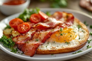 A delicious breakfast plate featuring bacon, eggs, tomatoes, and greens.
