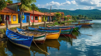 Vibrant Fishing Boats Docked by the Water in Brazil - A Colorful Maritime Scene