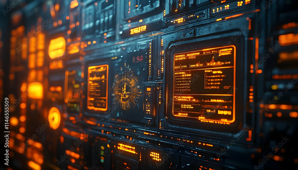 Poster futuristic control panel with glowing interfaces and data displays.