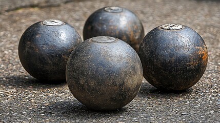 Four Old Metal Balls on Gravel Surface