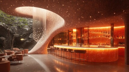 Fototapeta premium Luxurious cave bar with orange onyx bar, modern seating, and unique lighting.