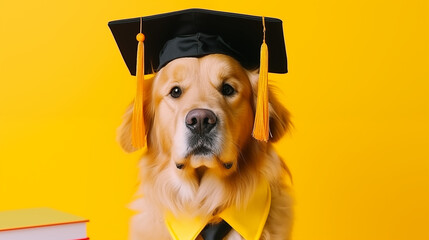 Graduation Celebration with a Golden Retriever with yellow backdrop