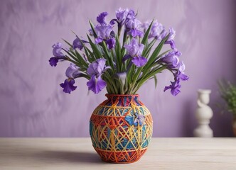 Fresh lilac irises in a colorful macram? vase , garden, whimsical © Prapasarabhron