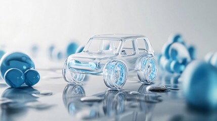 Glass Car on Wet Surface with Blue Spheres - Abstract 3D Render