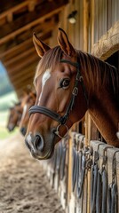 Fototapeta premium horses saddled up in the stables of luxury white Yellowstone ranch with views of the rolling hills and mountains