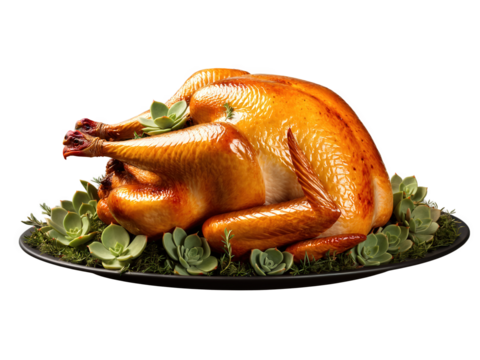 Turkey Dinner, succulent roasted bird in mid-flight garnish scatter, golden-brown crispy skin, herb sprigs floating, dramatic side lighting, commercial food