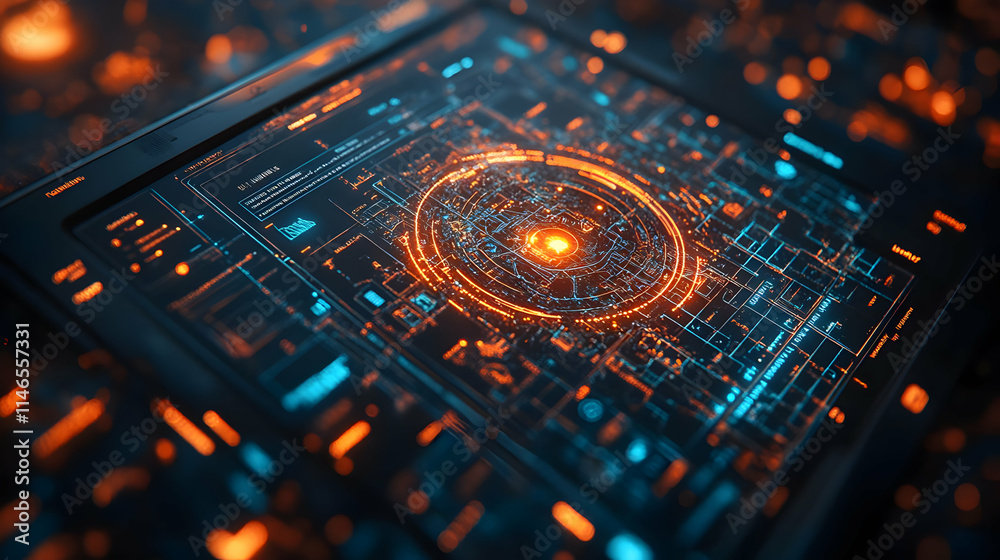 Poster futuristic interface displaying complex data visualization in vibrant colors.