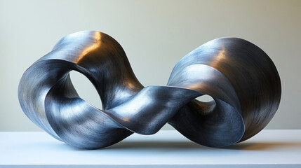 Abstract brushed metal sculpture in a figure eight shape.