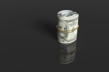 Money roll of US 100 dollar bills on a reflective black background. Illustration of the concept of US federal reserve, financial planning , economy and foreign exchange