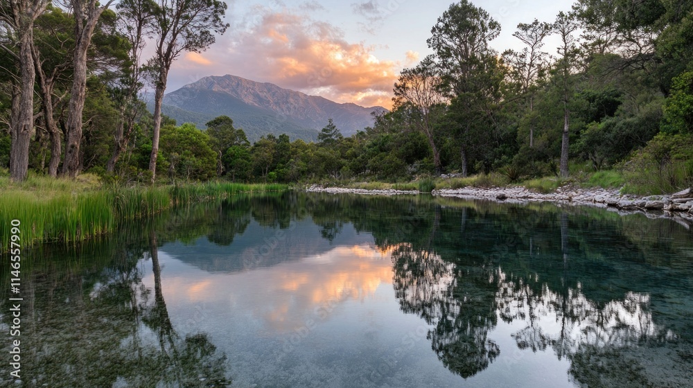 Poster serene landscape with mountains reflecting in calm water under a colorful sky.