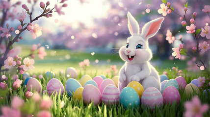 Adorable Bunny With Easter Eggs In Flowery Meadow