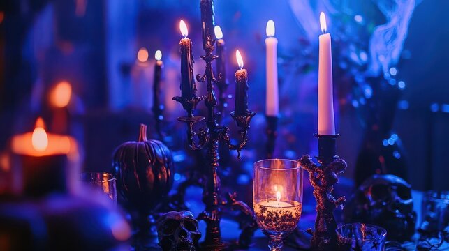 themed halloween decorations with a gothic twist, including spooky elements and atmospheric lighting, creating a cohesive and festive ambiance for a hauntingly delightful party