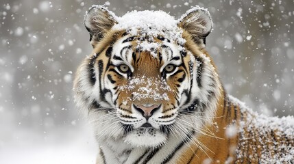 tiger with a snow-covered face, blending into a winter wonderland, its fierce gaze contrasts against the serene, snowy landscape, highlighting the beauty of nature's wild inhabitants
