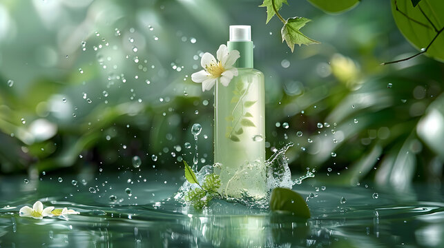 A bottle of green beauty product sits in a pool of water with a splash of water behind it. Green foliage surrounds the bottle and there is a white flower floating on the water.