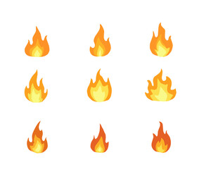 Set of vector fire flame icons in various styles and sizes. Perfect for illustrating heat, energy, passion, danger, or emergency concepts. Ideal for web design, infographics, and graphic projects