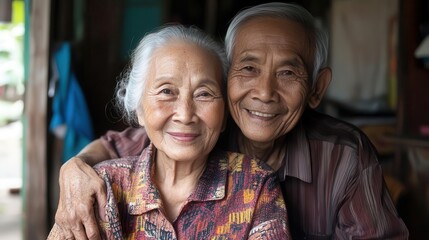 vertical portrait of a loving elderly couple, the wife embracing her husband from behind, both smiling and radiating joy, capturing the essence of enduring love and companionship