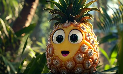 A cheerful, animated pineapple character in a lush jungle setting. - Powered by Adobe