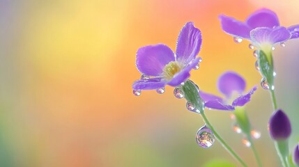 Delicate Purple Flowers with Dew Drops Sparkling in Morning Light Against a Colorful Soft Focus Background