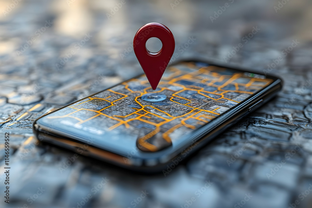Poster a smartphone displaying a map with a location pin, symbolizing navigation and location services.