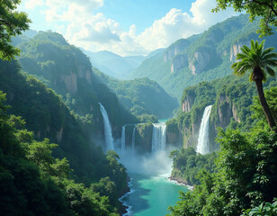 Fototapeta premium A vibrant landscape featuring lush green mountains with cascading waterfalls, surrounded by dense tropical foliage, and a sunlit mist creating an ethereal and tranquil atmosphere.
