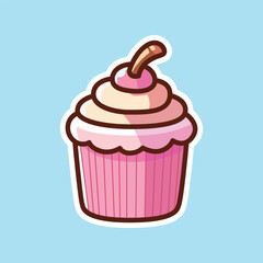 Cute Pink Cupcake with Cherry and Cream Topping Illustration