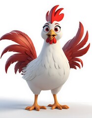 3D cartoon white rooster isolated