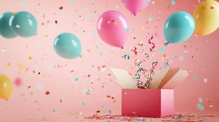 Open surprise box with 3d party balloons floating with confetti and soft festive glowing background
