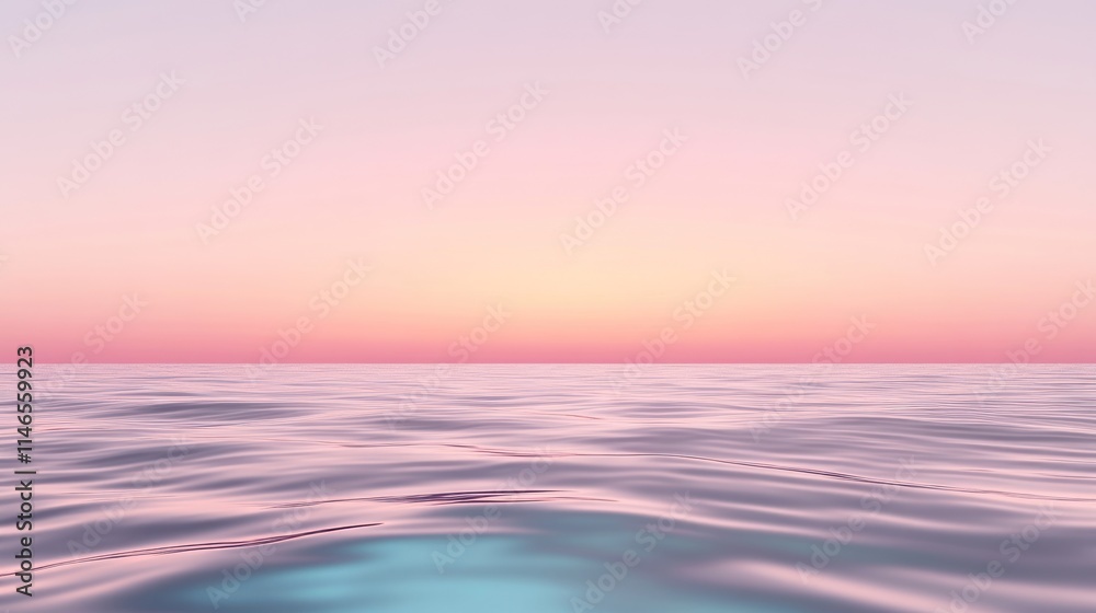 Poster serene ocean view at sunset with soft pastel colors reflecting on the water's surface.