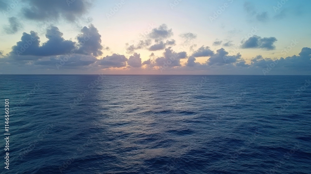 Poster serene ocean view at sunset, with calm waters and colorful clouds.