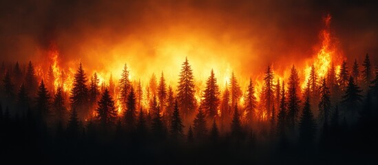 Naklejka premium Fiery inferno engulfing a dense coniferous forest at night.