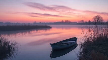 Serene sunrise over a calm river with a solitary boat and misty surroundings.