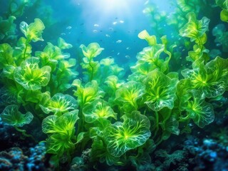 Obraz premium Vibrant Underwater Seascape with Lush Green Seaweed and Sunlight