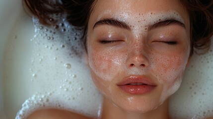Naklejka premium A woman relaxing in a bubble bath with a facial treatment, exuding calmness and self-care.