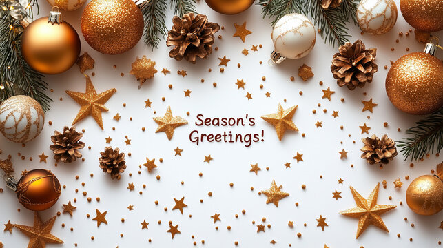 A clean white background with thin golden stars scattered symmetrically. Text: "Season's Greetings!"
