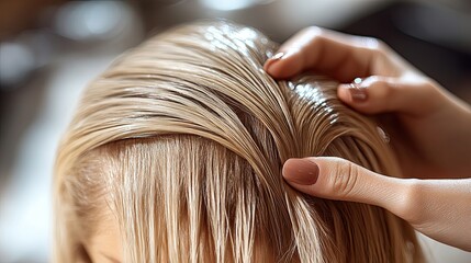 Obraz premium Hairdresser applying oil treatment to blonde woman's hair in salon