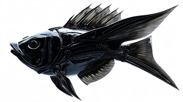 A Metallic Fish Sculpture: Glossy, Black, and Reflective on White Background