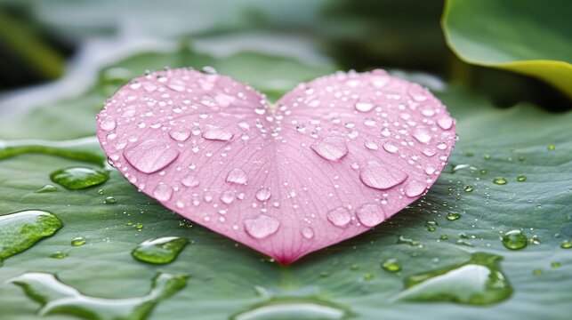 Heart-Shaped Lotus Petal with Dew Drops on Green Leaf Surrounded by Water – An Aesthetic and Romantic Nature Scene for Freshness and Love