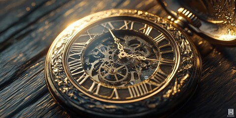 Obraz premium Intricate Golden Pocket Watch on Wooden Surface: A Classic Timepiece
