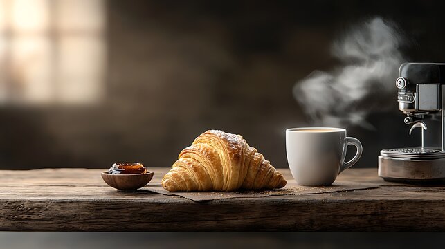 A detailed close-up of a freshly made croissant with golden, flaky layers visible, placed on a rustic wooden table. The croissant is surrounded by small bowls of jam, honey, and a steaming cup 